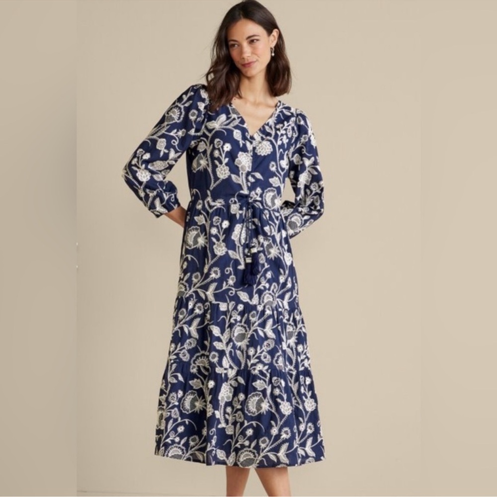 Soft Surroundings Tilde Embroidered Navy and White Midi Dress Size 14